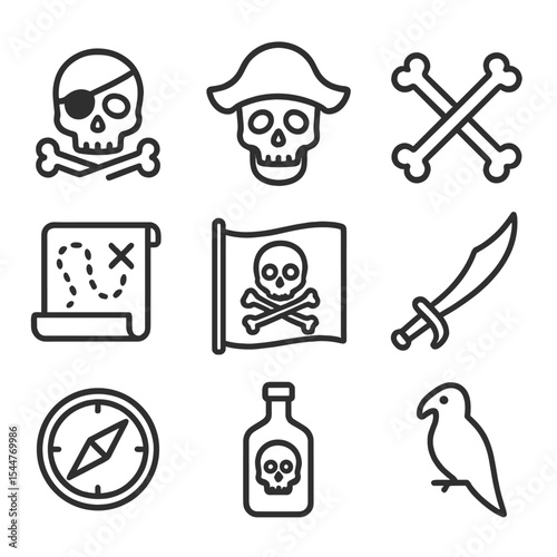 Pirate Icon Set. Outline icon set of pirate skull and bones: skull with eyepatch, crossed bones, pirate hat, treasure map, Jolly