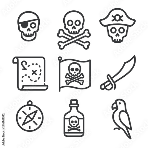 Pirate Icon Set. Outline icon set of pirate skull and bones: skull with eyepatch, crossed bones, pirate hat, treasure map, Jolly