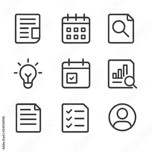 Content Marketing Icons. Outline icon set of content marketing strategy: blog post, editorial calendar, research document, idea