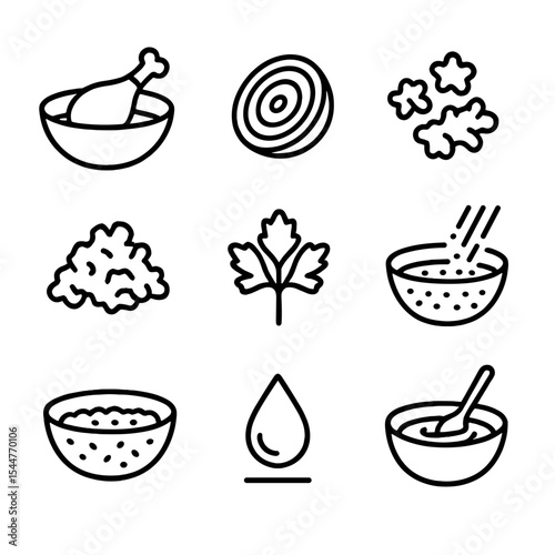 Cooking Prep Icons. Outline icon set of preparation steps: chicken marinating bowl, sliced onion, minced garlic, grated ginger,