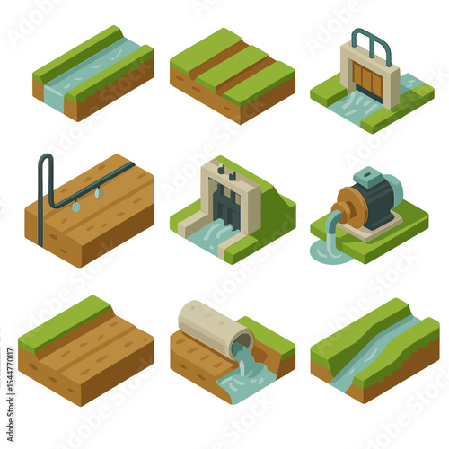 Irrigation System Icons. Isometric Flat icon set of irrigation furrow systems: irrigation canal, levee, water sluice gate, drip