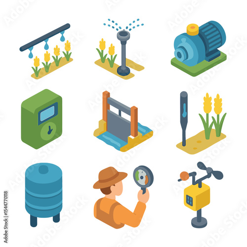 Irrigation System Icons. Isometric Flat icon set of Irrigation Systems for Barley Fields: drip irrigation line, sprinkler head,