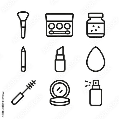 Masquerade Makeup Icons. Outline icon set of masquerade makeup tools: makeup brush, face paint palette, glitter jar, eyeliner