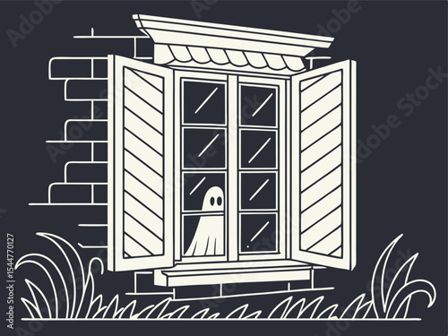 Isolated spooky window scene with a ghost inside halloween illustration for design projects