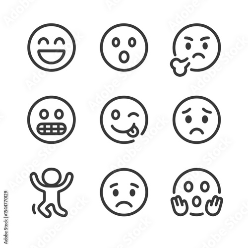 Player Reaction Icons. Outline icon set of player reactions: laughing face, shocked expression, cold breath puff, chattering teeth