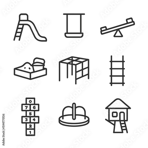 Playground Icon Set. Outline icon set of playground adventure shots: slide slope, swing seat, seesaw fulcrum, sandbox bucket,