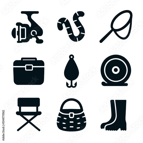 Fishing Gear Icons. Solid, filled icons set of freshwater fishing gear: spinning reel, worm bait, fishing net,