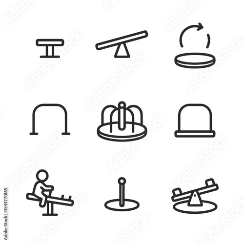 Playground Equipment Icons. Outline icon set of seesaws and merry-go-rounds: seesaw pivot, seesaw plank, merry-go-round platform,