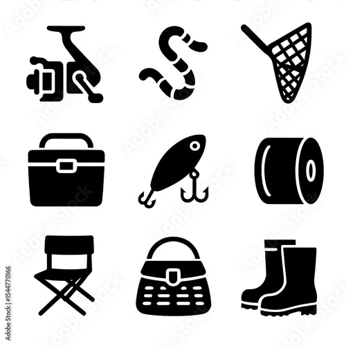 Fishing Gear Icons. Solid, filled icons set of freshwater fishing gear: spinning reel, worm bait, fishing net,