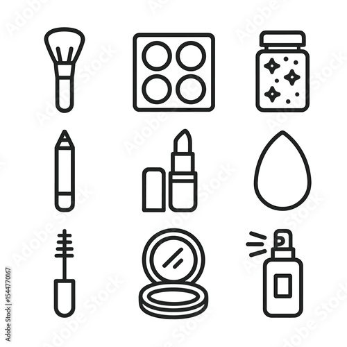 Masquerade Makeup Icons. Outline icon set of masquerade makeup tools: makeup brush, face paint palette, glitter jar, eyeliner
