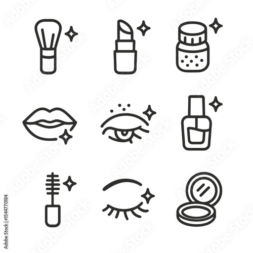 Cosmetic Shimmer Icons. Outline icon set of cosmetic shimmer elements: makeup brush, highlighter, shimmer powder, glossy lips,