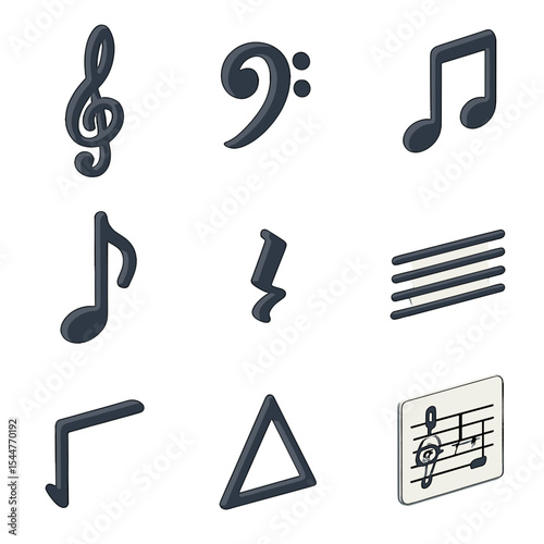 Jazz Notation Icon Set. Isometric Flat icon set of jazz notation symbols: treble clef, bass clef, quarter note, eighth note, rest