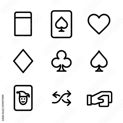 Playing Cards Icons. Outline icon set of playing card pack: deck box, ace of spades, heart suit, diamond suit, club suit, spade
