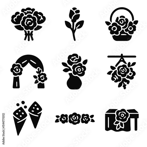 Floral Arrangement Icons. Solid, filled icons set of floral wedding arrangements: peony bouquet, boutonnière,