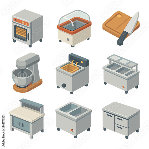 Kitchen Equipment Icons. Isometric Flat icon set of kitchen equipment: commercial oven, food warmer, cutting board, chef knife,