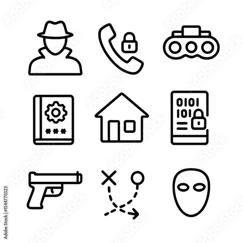 Covert Ops Icons. Outline icon set of covert operation schematics: black ops silhouette, secure comms phone, night-vision goggles,