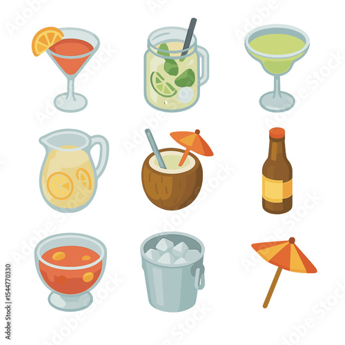 Poolside Drink Icons. Isometric Flat icon set of poolside drinks: cocktail glass, mojito jar, margarita glass, lemonade pitcher,