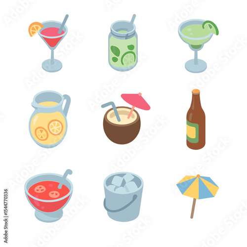 Poolside Drink Icons. Isometric Flat icon set of poolside drinks: cocktail glass, mojito jar, margarita glass, lemonade pitcher,