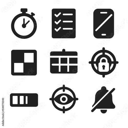 Focus Tools Icons. Solid, filled icons set of focus and discipline tools: stopwatch, checklist icon,