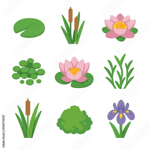 Pond Plant Icons. Isometric Flat icon set of pond plants: lily pad, cattail, water lily, duckweed, lotus, pondweed, bulrush, algae