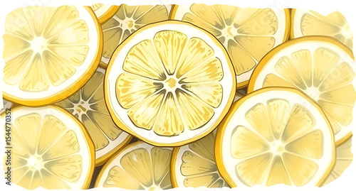 A scene of lemon slices with slight motion blur, illustrated in ethereal tones, sketched in ink