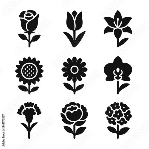 Floral Icon Set. Solid, filled icons set of flower types for arrangements: rose, tulip, lily, sunflower, daisy