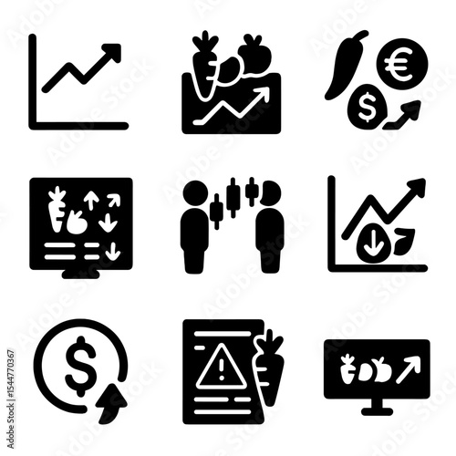 Food Price Icon Set. Solid, filled icons set of food commodity price monitoring: price chart, fluctuation