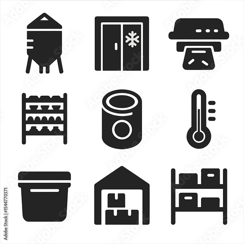Food Storage Icons. Solid, filled icons set of food storage and preservation: grain silo, cold storage unit,