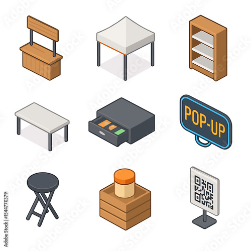 Popup Shop Icons. Isometric Flat icon set of popup shop activation: folding kiosk, canopy tent, display shelves, countertop, cash
