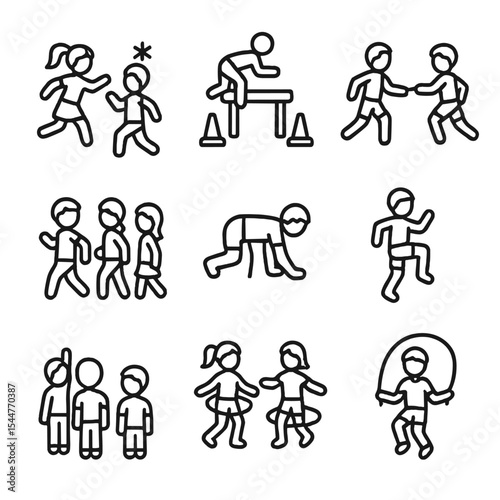 Kids Fitness Icons. Outline icon set of kids’ fitness games: freeze tag, obstacle course, relay race, follow-the-leader, animal