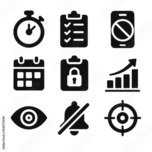 Focus Tools Icons. Solid, filled icons set of focus and discipline tools: stopwatch, checklist icon,