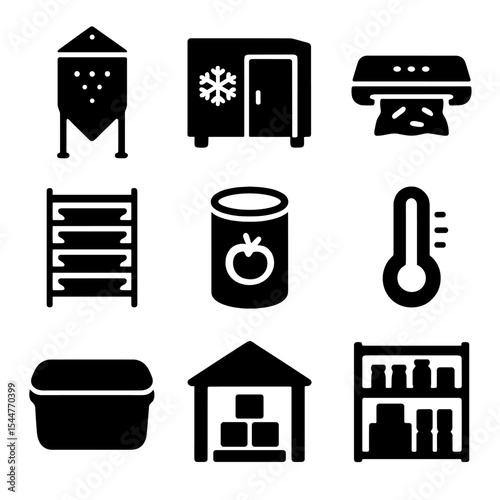 Food Storage Icons. Solid, filled icons set of food storage and preservation: grain silo, cold storage unit,