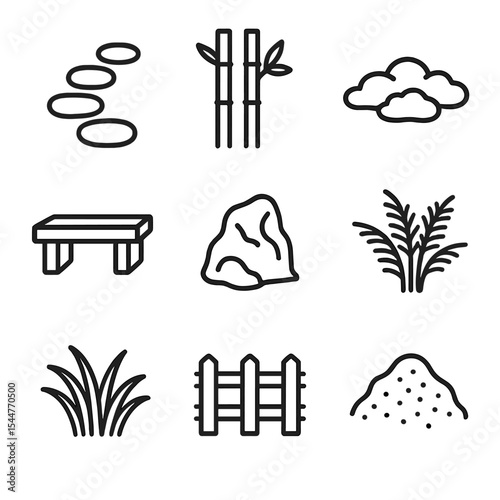 Landscape Icon Set. Outline icon set of surrounding landscape features: stepping stone path, bamboo grove, moss patch, stone bench