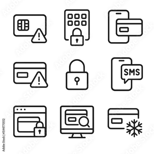 Credit Card Security Icons. Outline icon set of credit card security measures: EMV chip, PIN pad, two-factor authentication, fraud