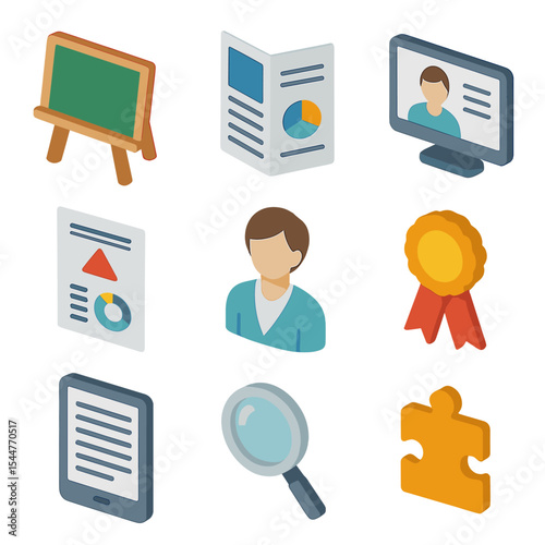 Preventative Education Icons. Isometric Flat icon set of preventative education tools: chalkboard, pamphlet brochure, webinar