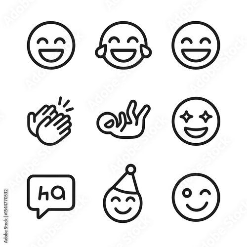 Laughter Icon Set. Outline icon set of candid laughter moments: laughing face, tears of joy, wide grin, clapping hands, rolling on