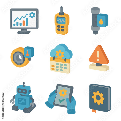 Predictive Maintenance Icons. Isometric Flat icon set of predictive maintenance systems: predictive analytics dashboard, vibration