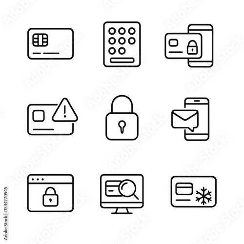 Credit Card Security Icons. Outline icon set of credit card security measures: EMV chip, PIN pad, two-factor authentication, fraud