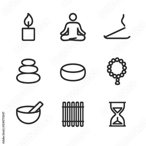 Meditation Icon Set. Outline icon set of meditation candle ritual: candle flame, lotus position silhouette, incense stick, zen