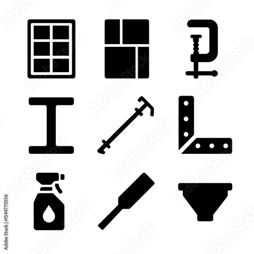 Formwork Icons Grid. Solid, filled icons set of industrial concrete formwork systems: steel form, plywood