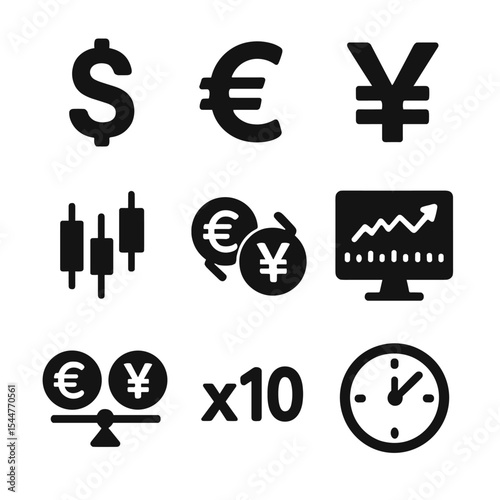 Forex Trading Icons. Solid, filled icons set of currency trading and forex: dollar sign, euro symbol, yen icon