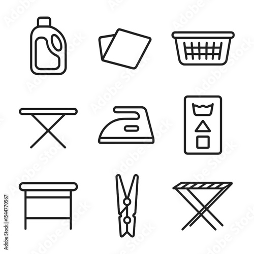 Laundry Room Icons. Outline icon set of laundry room setup: detergent bottle, dryer sheet, laundry basket, ironing board, iron,
