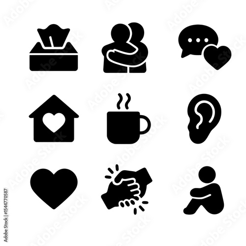 Friendship Icons Grid. Solid, filled icons set of healing and support in friendship: tissue box, comforting