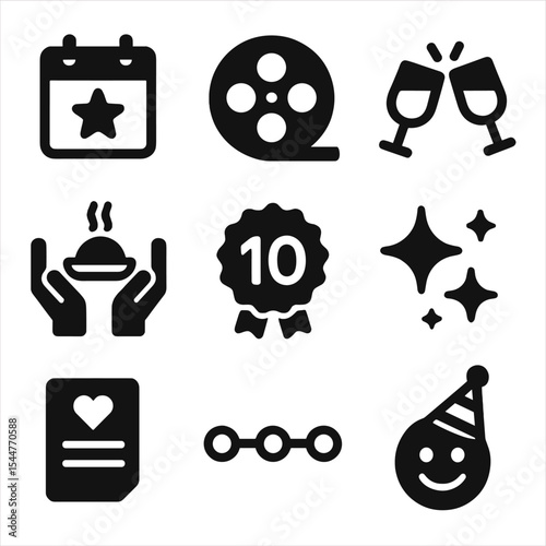 Friendship Anniversary Icons. Solid, filled icons set of friendship anniversaries: calendar star, memory reel,