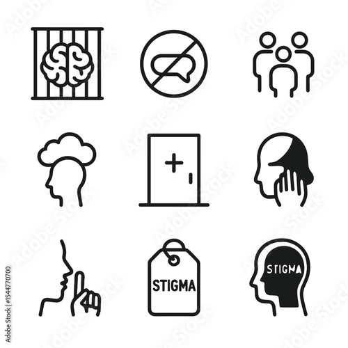 Mental Health Icons. Outline icon set of mental health stigma: brain in cage, silent speech bubble, outcast silhouette, stigma tag