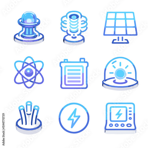 Futuristic Energy Icons. Solid, filled icons set of energy sources in futuristic worlds: glowing reactor,