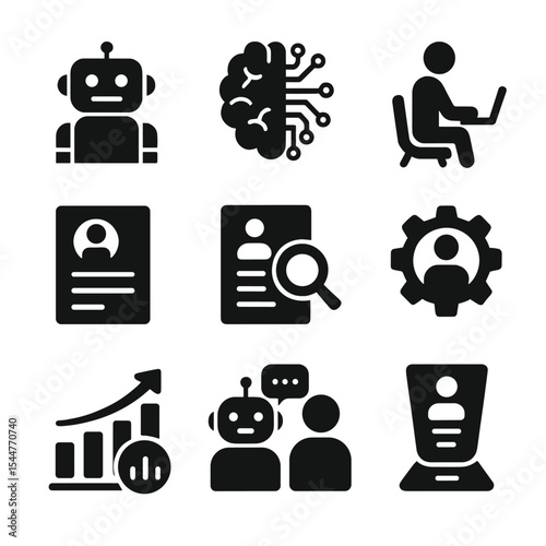 Future of Work Icons. Solid, filled icons set of future of work and AI: robot icon, AI brain, remote work icon, digital resume, candidate screening