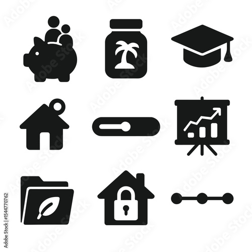 Future Savings Icons. Solid, filled icons set of saving for future goals: family piggy bank, vacation fund jar