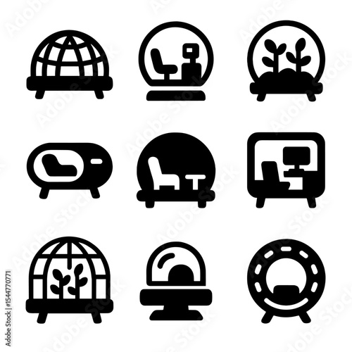 Futuristic Habitat Icons. Solid, filled icons set of futuristic habitat modules: dome habitat, clear pod,