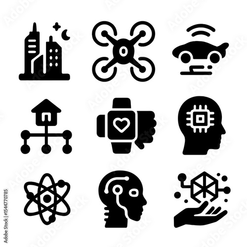 Futuristic Technology Icons. Solid, filled icons set of future technology: futuristic city, drone icon, flying